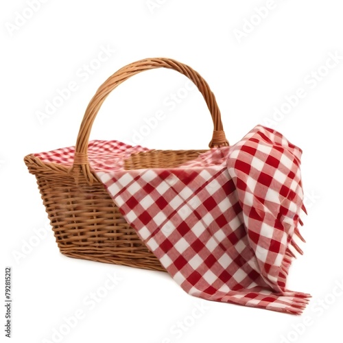 A wicker picnic basket with a red and white checkered blanket inside, isolated on a white background