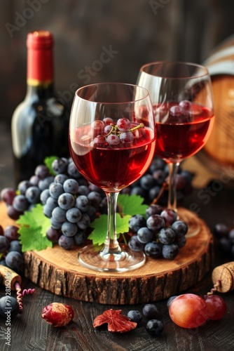 A close up of a table with wine glasses and grapes, AI