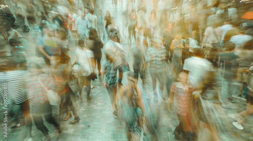 The background is a blur of blurred faces and hazy outlines much like the chaotic turn of a human carousel. This image captures the bustling energy and constant movement of humanity .