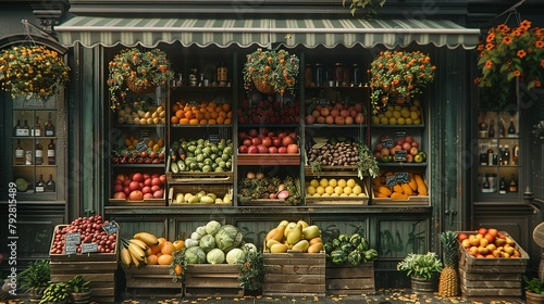 Grocery store shop in vintage style with fruit and vegetables crates on the street © Jennifer