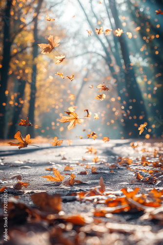 Autumn leaves fly blowing in the breeze over the parkway