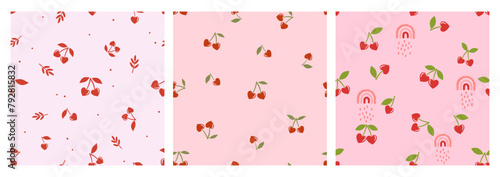 Set of heart shape cherry with green leaves, branch and rainbows on pink backgrounds vector. Cute fruit print.