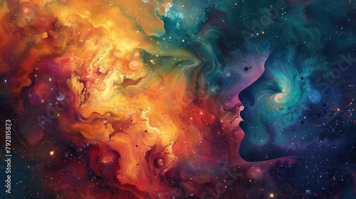 An abstract representation of cosmic creation, with swirling nebulae and galactic collisions giving birth to new stars and planets in a symphony of color and light.