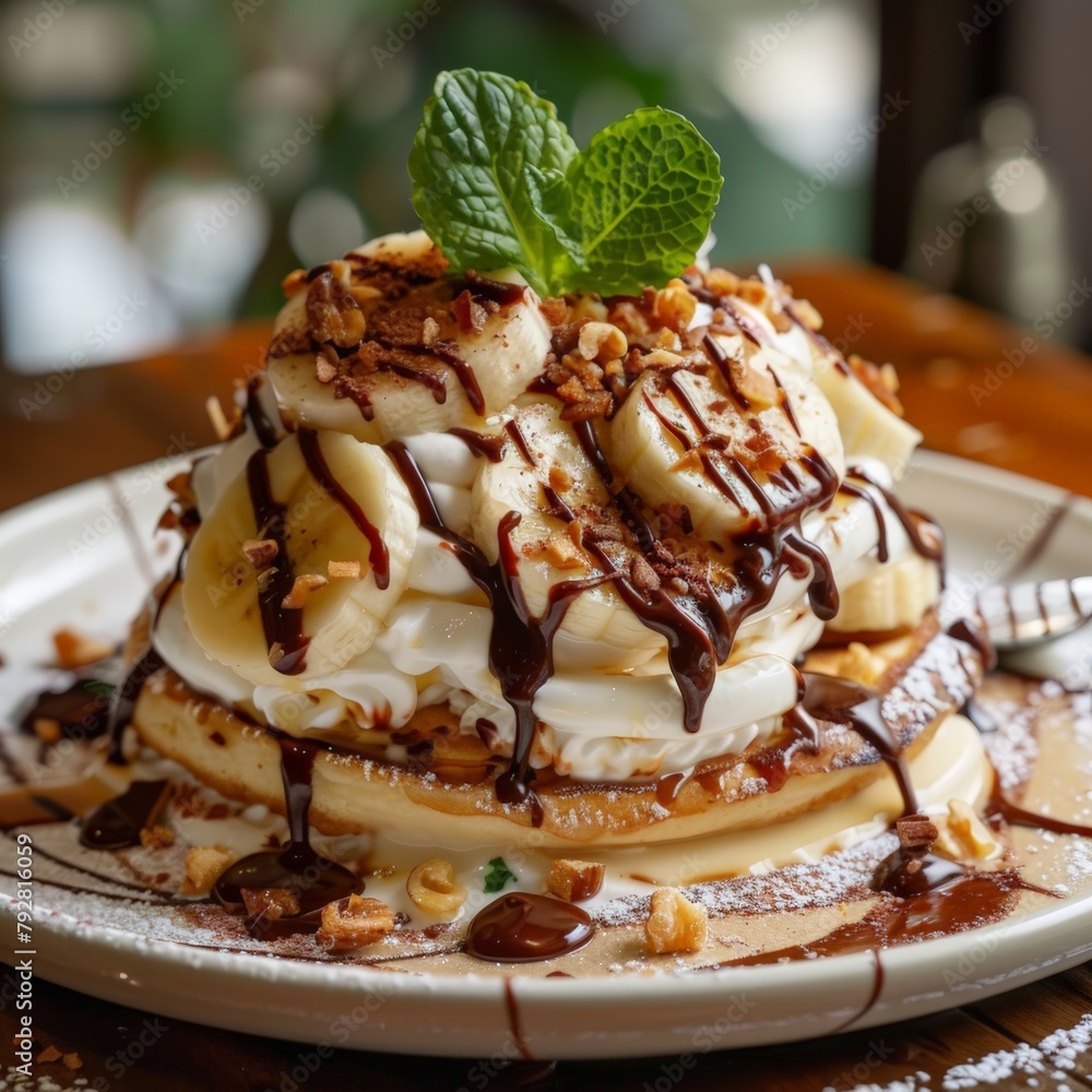 Decadent Banana Pancake Stack with Whipped Cream and Chocolate Drizzle. Generative AI. Decadent Banana Pancake Stack with Whipped Cream and Chocolate Drizzle. Generative AI.