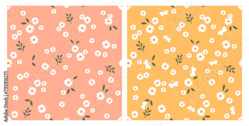 Seamless pattern with daisy flower, green leaves and butterflies on pink and yellow backgrounds vector. Cute floral print.