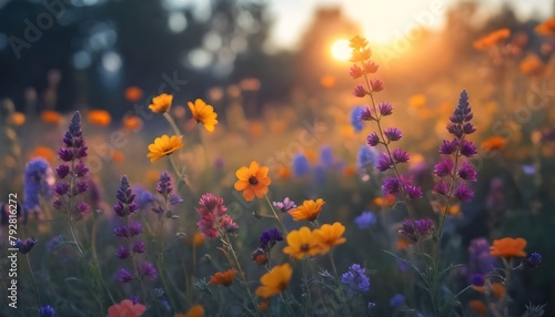 A field of colorful wildflowers in warm sunset light, including orange, yellow, and purple blooms against a blurred background