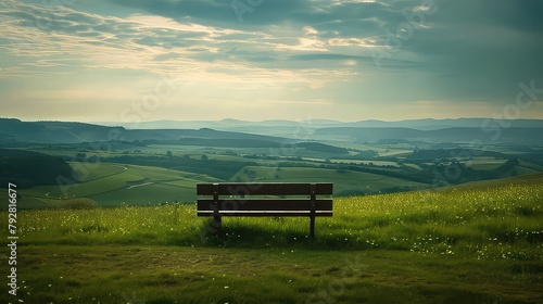 A solitary bench overlooking a vast expanse of rolling hills, inviting contemplation and reflection on life's journey.