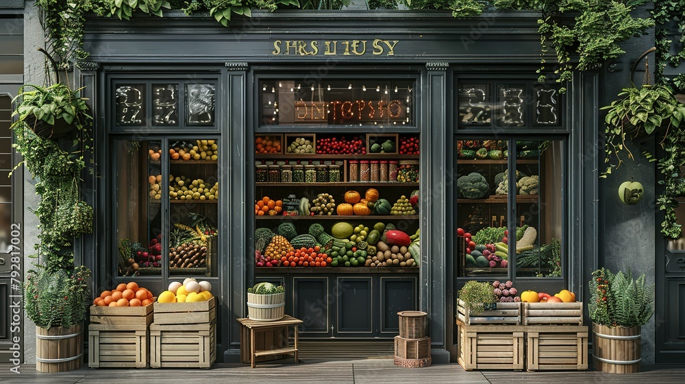 Grocery store shop in vintage style with fruit and vegetables crates on the street