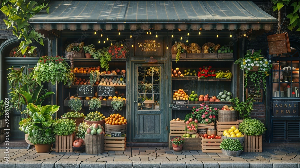 Grocery store shop in vintage style with fruit and vegetables crates on the street