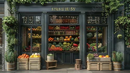 Grocery store shop in vintage style with fruit and vegetables crates on the street