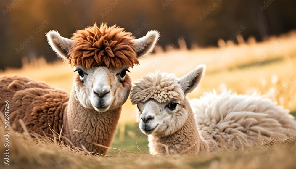 Naklejka premium Two fluffy alpaca or llama-like animals with soft, curly fur in a field