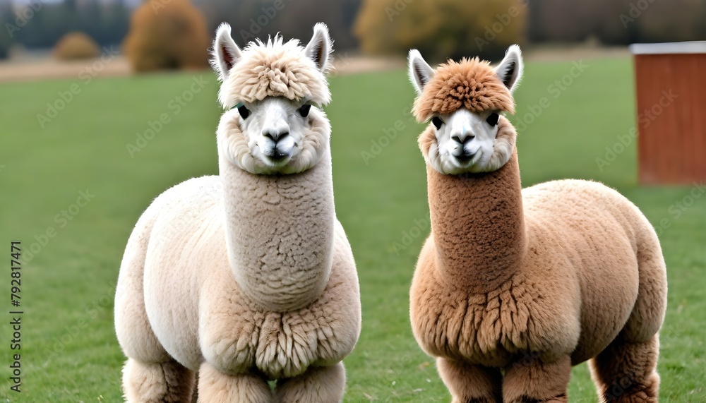 Fototapeta premium Two fluffy alpaca or llama-like animals with soft, curly fur in a field