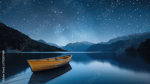 A solitary boat drifting on a serene lake under a starry night sky, evoking a sense of calm and tranquility in solitude.