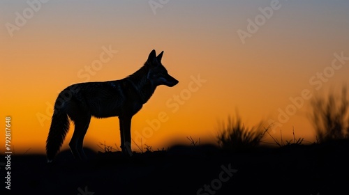 An HD coyote silhouette against a blurred twilight sky  evoking a sense of mystery and solitude in the desert
