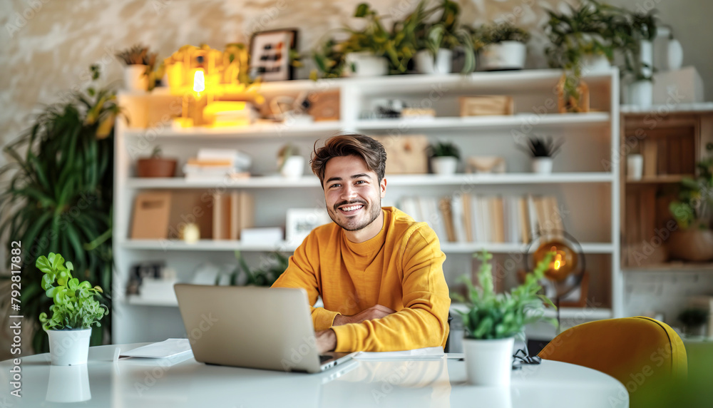 Happy young man working in a works from home on a laptop Happy young man working in a works from home on a laptop