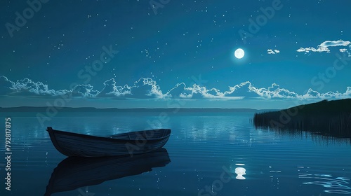 A solitary boat drifting on a calm lake under a moonlit sky, evoking a sense of tranquility and solitude.