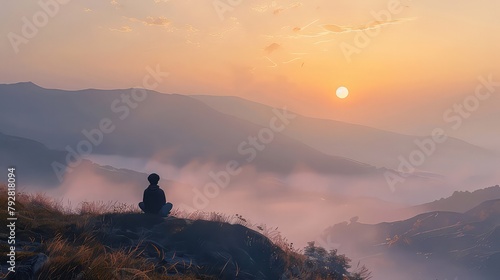 A solitary figure sitting atop a hill, watching the sunrise over a mist-covered valley, contemplating the beauty of a new day.