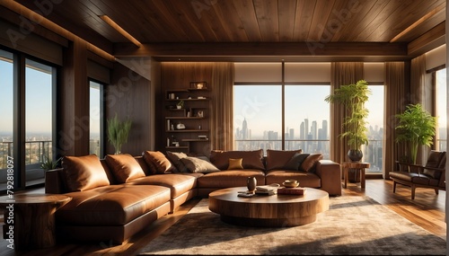 brown wood theme penthouse living room luxury unit with sofa and morning sunlight rays from Generative AI