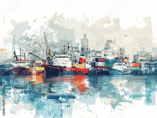 Animated American Trade and Industry Portbustling harbor teems with cargo ships and fishing boats a vital hub for American trade and industry.