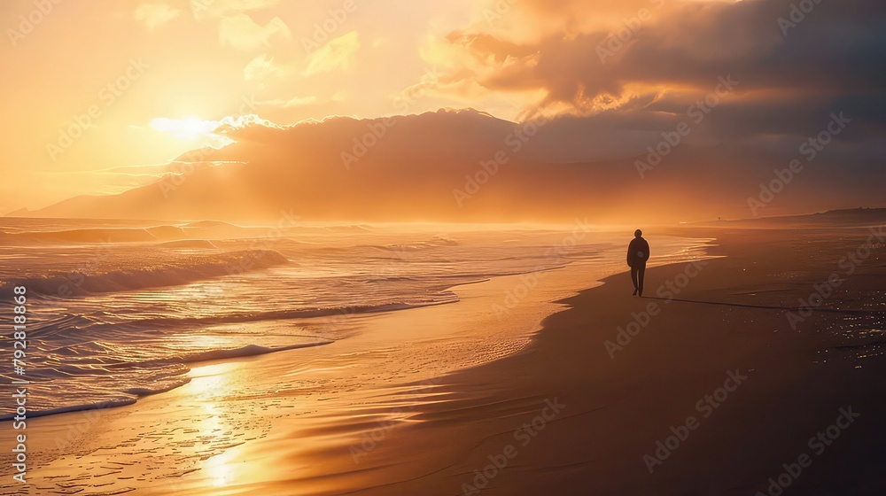 A solitary figure walking along a deserted beach at twilight, lost in contemplation under the soft glow of the setting sun.