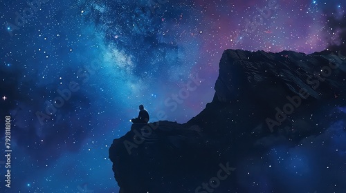 A solitary figure sitting on a cliff edge, gazing at the stars above, contemplating the vastness and wonder of the universe. photo