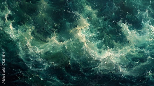 A large wave is crashing into the ocean with a green background  AI