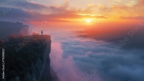 A solitary figure standing at the edge of a cliff, watching the sunrise over a mist-covered valley, contemplating the dawn of a new day. #792818822
