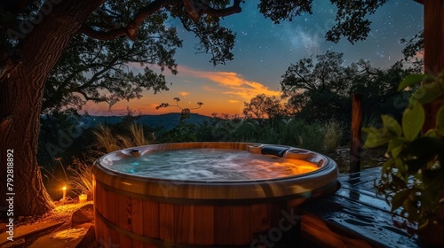 As night falls guests can stargaze from the comfort of their own private hot tub surrounded by the tranquil sounds of nature. 2d flat cartoon. © Justlight