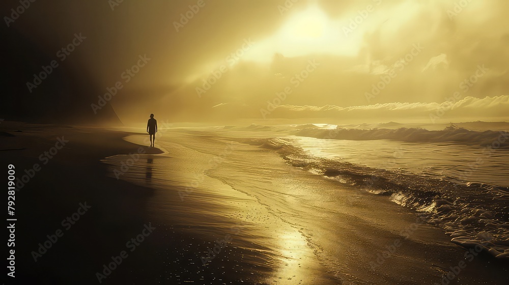 A solitary figure walking along a deserted beach at twilight, lost in contemplation under the soft glow of the setting sun.