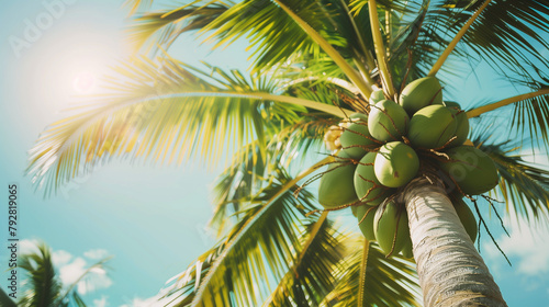 Close view of a coconut tree with a blue sky background.