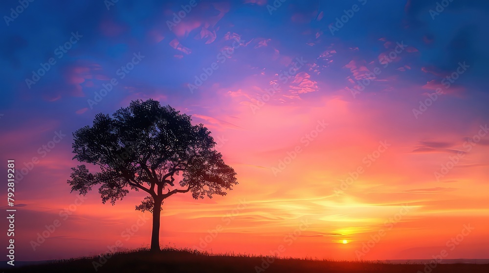 A solitary tree silhouetted against the backdrop of a vibrant sunrise, symbolizing hope and renewal in the face of darkness.