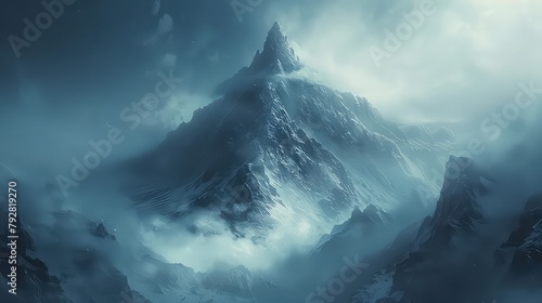A solitary mountain peak piercing the clouds, a stoic sentinel standing guard over the rugged wilderness below.