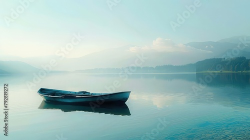 A solitary rowboat drifting lazily on a glassy lake, the only disturbance in a scene of perfect tranquility. photo