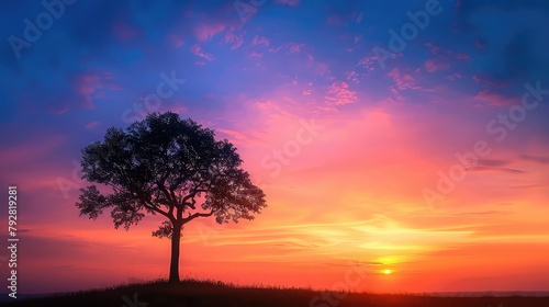 A solitary tree silhouetted against the backdrop of a vibrant sunrise, symbolizing hope and renewal in the face of darkness. © Sardar