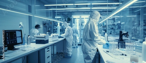 A view of a sterile high precision manufacturing laboratory where scientists wear protective coveralls and work with computers and microscopes to conduct research in biotechnology, pharmaceutics and