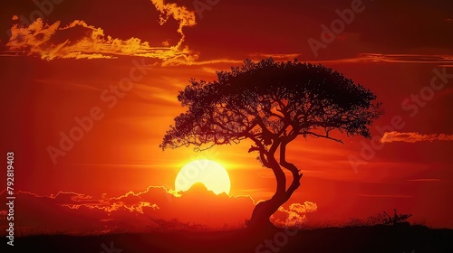 A solitary tree silhouetted against a fiery sunset, embodying resilience and strength in the face of adversity.