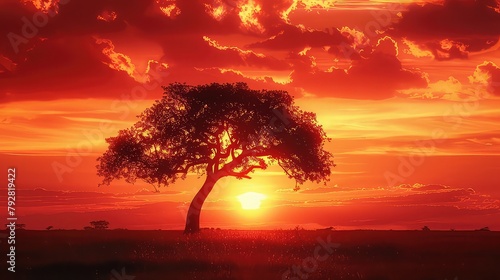 A solitary tree silhouetted against a fiery sunset  embodying resilience and strength in the face of adversity.