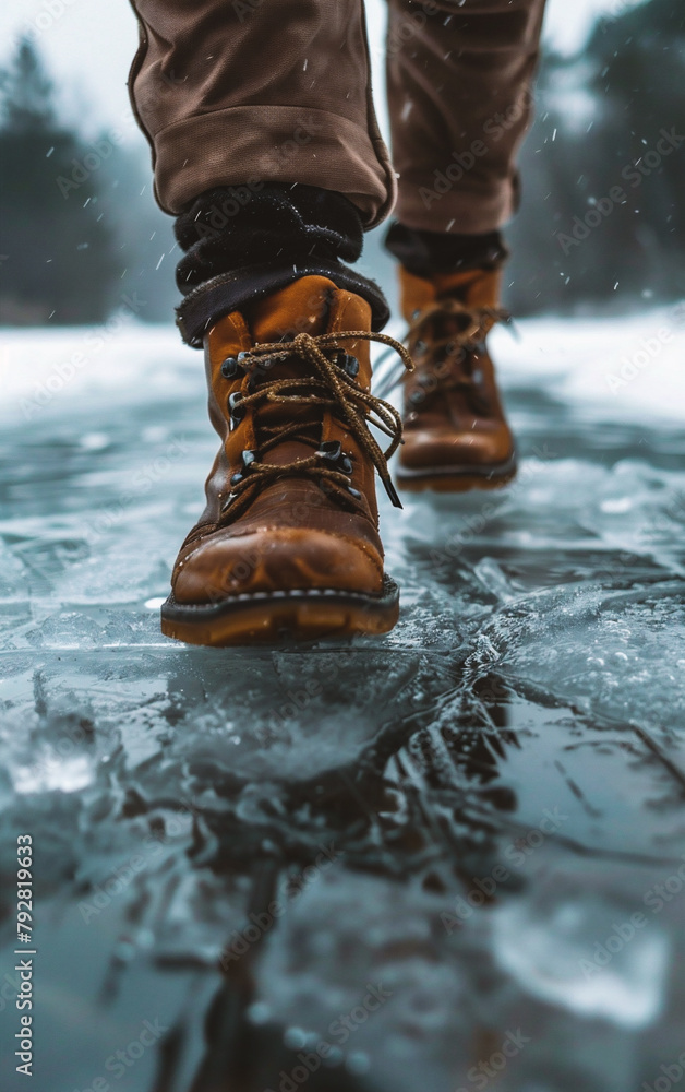Hiking boots on the ice of a frozen lake in winter. Hiking boots on the ice of a frozen lake in winter.
