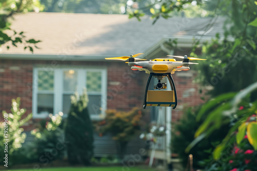 Delivery drone hovering in front of a house with greenery.