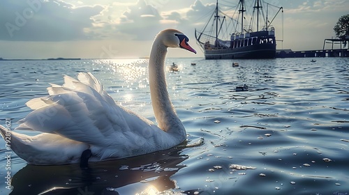 a beautiful swan rests on the shimmering surface of the water an arm's length from the shore. a ship can be seen in the background