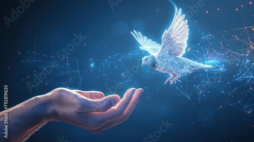 Man lets a bird loose. The pigeon takes off from the hand. Day of Peace. Low-poly design of interconnected lines and dots. AI generated photo