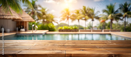 Empty wooden surface with summer travel resort poolvilla background