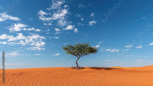 A solitary tree standing amidst a vast desert  its branches reaching towards the sky in a silent plea for connection.