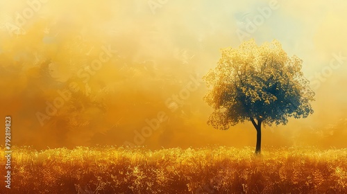 A solitary tree standing tall amidst a sea of golden hues  whispering tales of resilience and solitude.