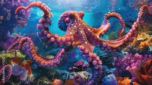 Envision a mesmerizing scene of a colorful octopus gracefully navigating through a vibrant undersea reef habitat