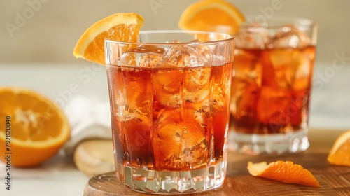 A sophisticated negroni sbagliato cocktail, with equal parts Campari, sweet vermouth, and prosecco, served over ice in a chilled glass with an orange slice for garnish, perfect for sipping on a warm e photo