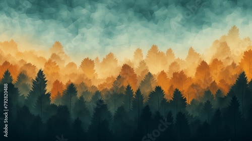 Stylized Illustration of Forest Silhouettes Against Gradient Dawn or Dusk Sky