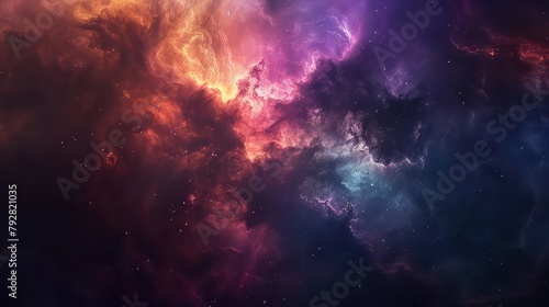 A stunning close-up of a distant nebula  with colorful clouds of gas and dust  by the light of newborn stars.