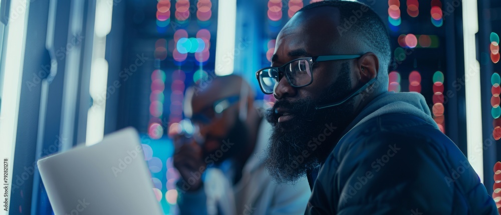 The bearded IT technician is wearing glasses, using a laptop computer, and his black colleague is running diagnostics on a server rack. They are talking in the data center. The bearded IT technician is wearing glasses, using a laptop computer, and his black colleague is running diagnostics on a server rack. They are talking in the data center.