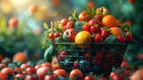Shopping basket with fresh food. Grocery supermarket, food and eats online buying and delivery concept